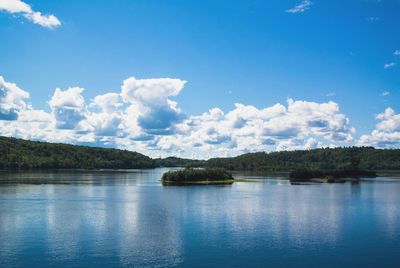 Scenic view of lake against cloudy sky