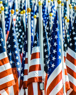 Close-up of flags against blue sky