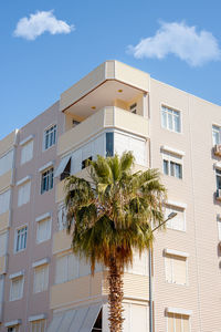 The corner of a residential building with a palm tree growing in the middle in southern turkey.