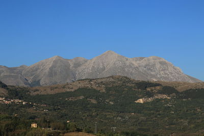 Scenic view of mountains against clear blue sky