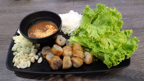 High angle view of food in plate on table