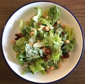 High angle view of salad in bowl on table