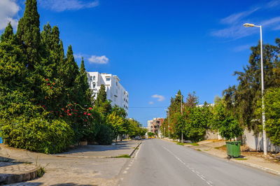 Road by trees against blue sky