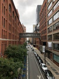 Vehicles on road amidst buildings in city against sky