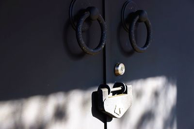 View of door knocker with keyhole and lock