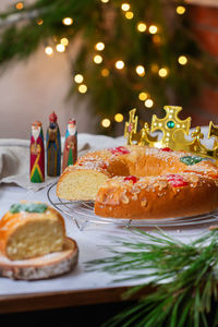 Close-up of cake served on table