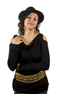 Portrait of young woman against white background