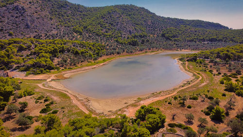 High angle view of land against sky