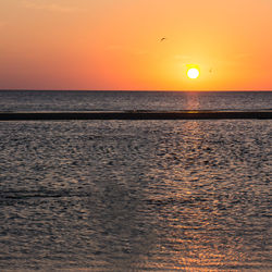 Scenic view of sea against orange sky