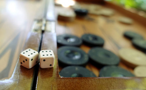 Close-up of dices on table