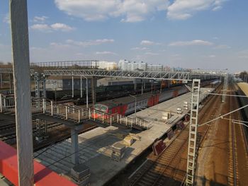 High angle view of railroad station against sky