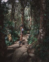 Woman standing on rock in forest