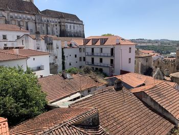 High angle view of buildings against sky