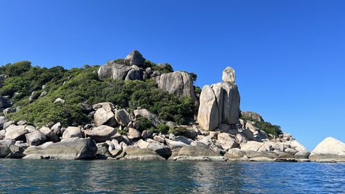 Scenic view of sea against clear blue sky