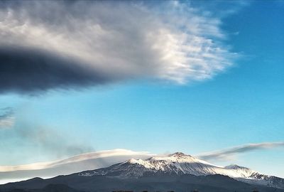View of snowcapped mountain against cloudy sky