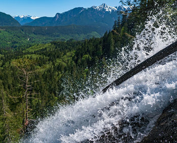 Scenic view of river flowing through mountains