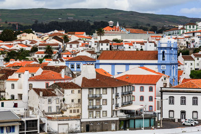 High angle view of houses in town