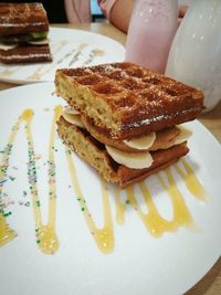 Close-up of breakfast served on table