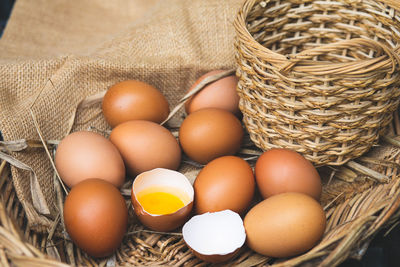 High angle view of eggs in basket