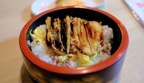 High angle view of food in bowl on table