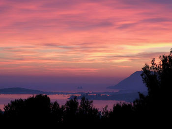 Scenic view of silhouette trees against orange sky