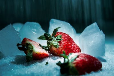 Close-up of strawberries on ice