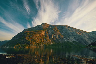 Scenic view of lake by mountain against sky