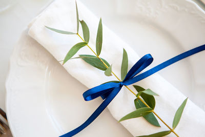 Wedding blue decorations on the table and lavender