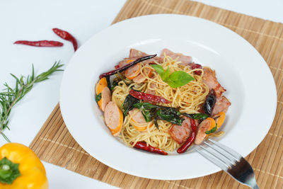 High angle view of food in plate on table