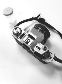 High angle view of camera on table