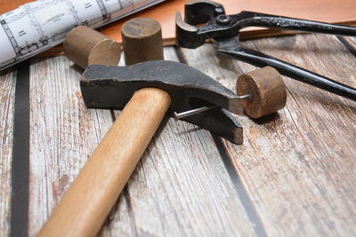 High angle view of tools on table