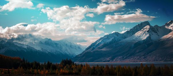 Scenic view of snowcapped mountains against sky