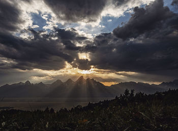 Sunlight streaming on landscape against sky during sunset