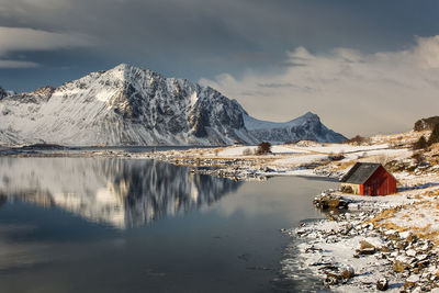 Scenic view of snowcapped mountains by lake against sky