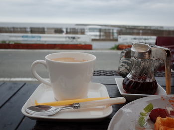 Close-up of coffee served on table