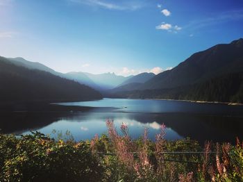 Scenic view of lake and mountains against sky