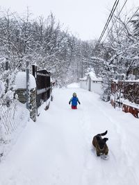 Child with dog in winter