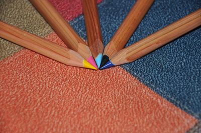 High angle view of colored pencils on table