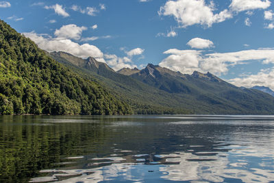 Scenic view of lake by mountains against sky