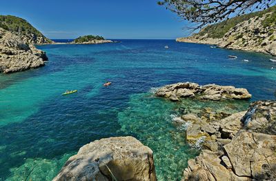 Scenic view of sea against blue sky