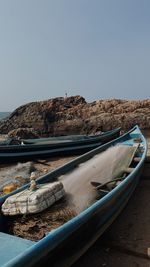 Boat in sea against clear sky