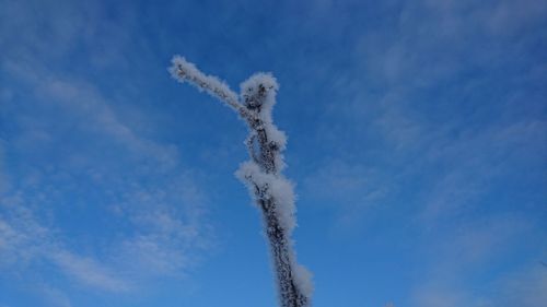 Low angle view of snow against blue sky