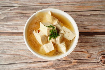 High angle view of soup in bowl on table