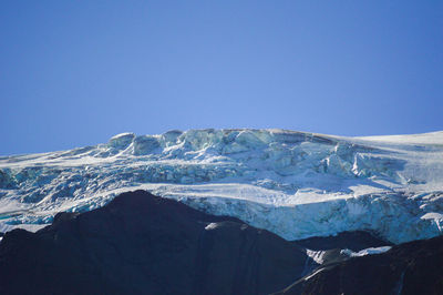 Scenic view of snowcapped mountains against clear blue sky