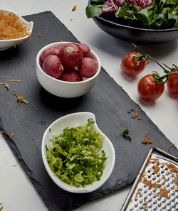 High angle view of salad in plate on table