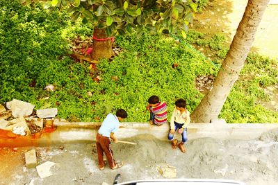High angle view of children playing outdoors