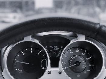 Close-up of speedometer in car