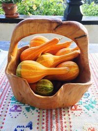 Close-up of fruits in basket on table