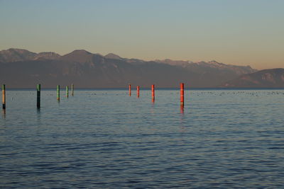 Wooden posts in sea against clear sky