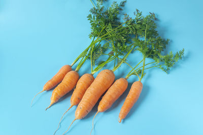 Close-up of vegetables on table against blue background